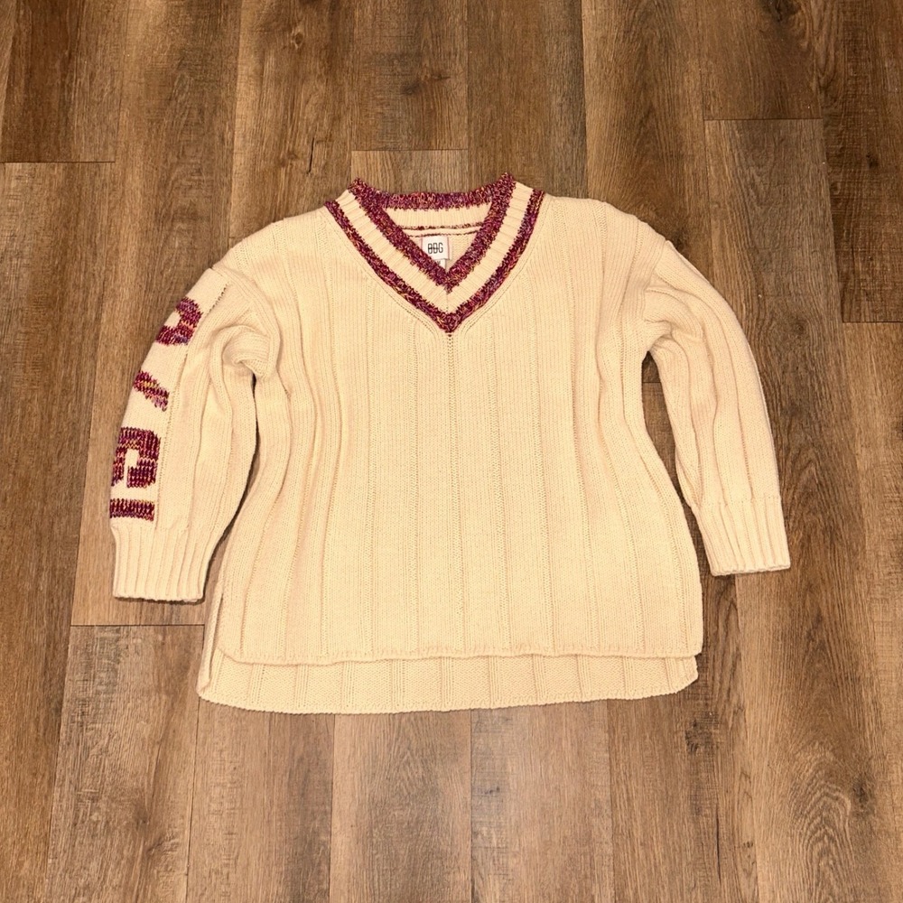 BDG Urban Outfitters Cream Ribbed Cricket Sweater V-Neck Purple Trim Womens M
